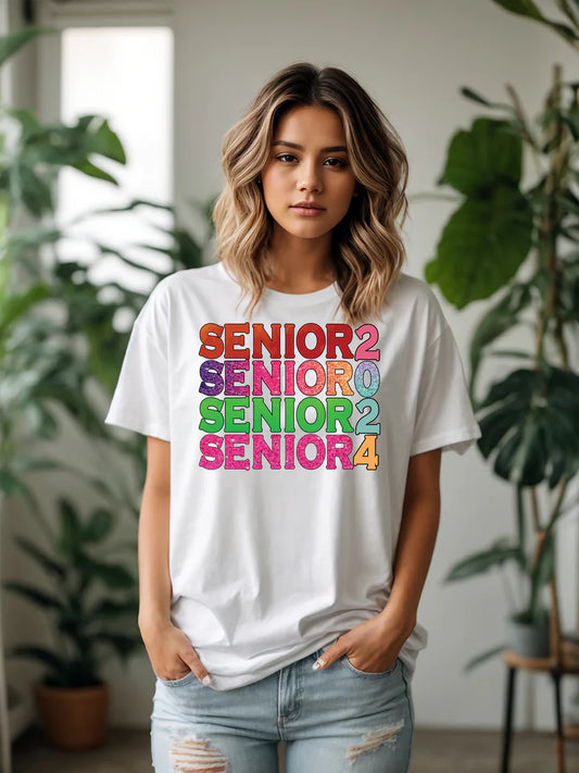 a woman wearing a white shirt that says senior seniors