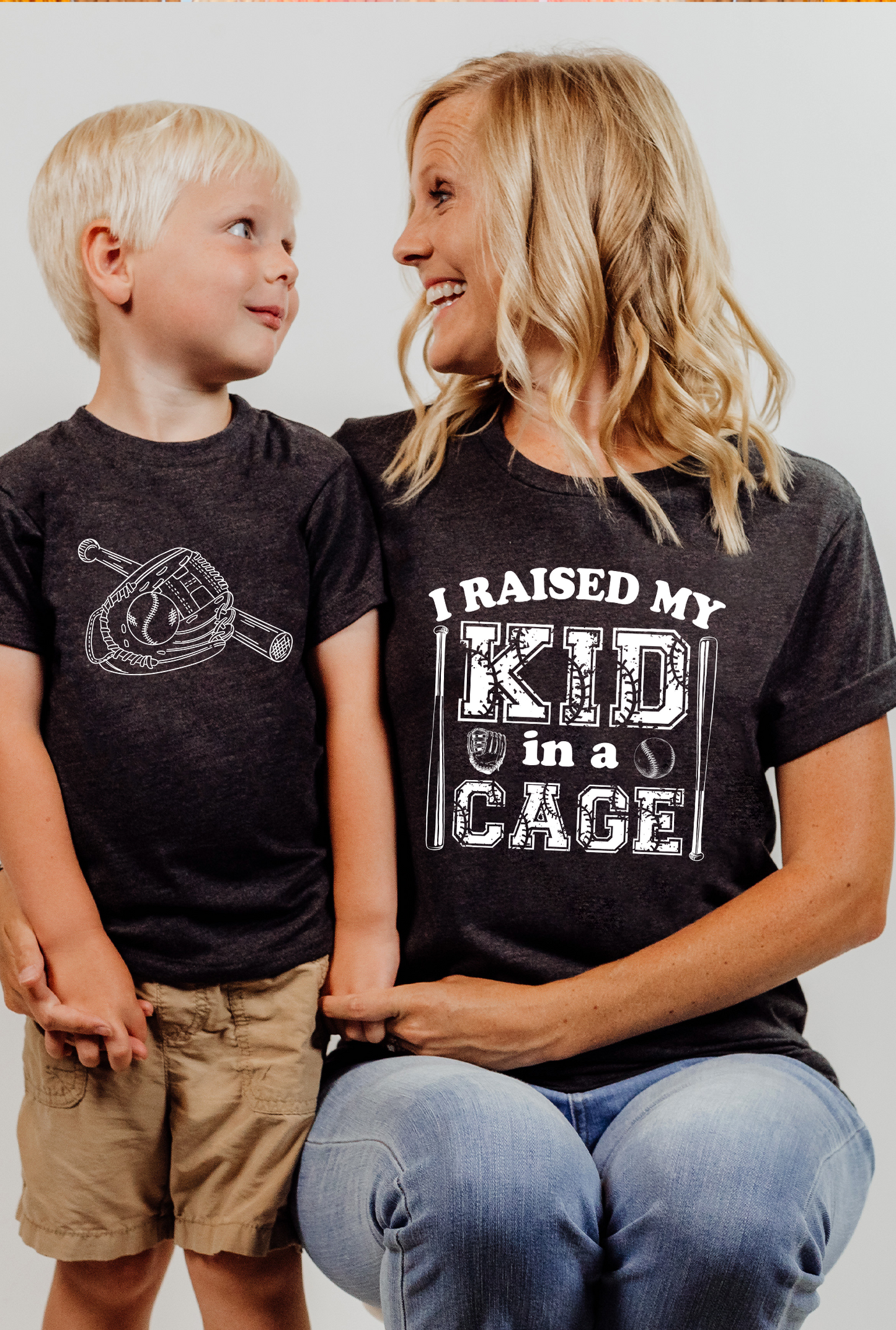 I Raised My Kid in a Cage Baseball Mama and Mini Baseball Sketch Bella Canvas T-Shirt