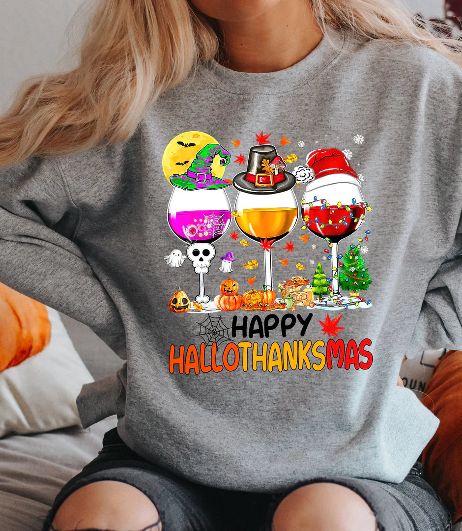 Happy HalloThankMas Wine Glasses   T-shirt or Sweatshirt