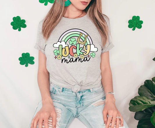 a woman wearing a lucky mama t - shirt