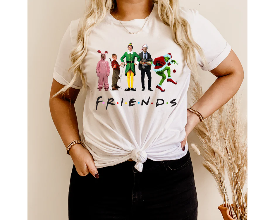 a woman wearing a t - shirt with the words friends on it