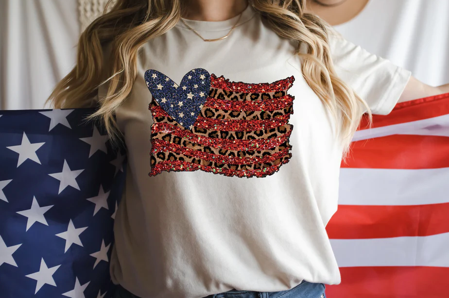 Heart American Flag Glitter Effect Bella Canvas T-shirt