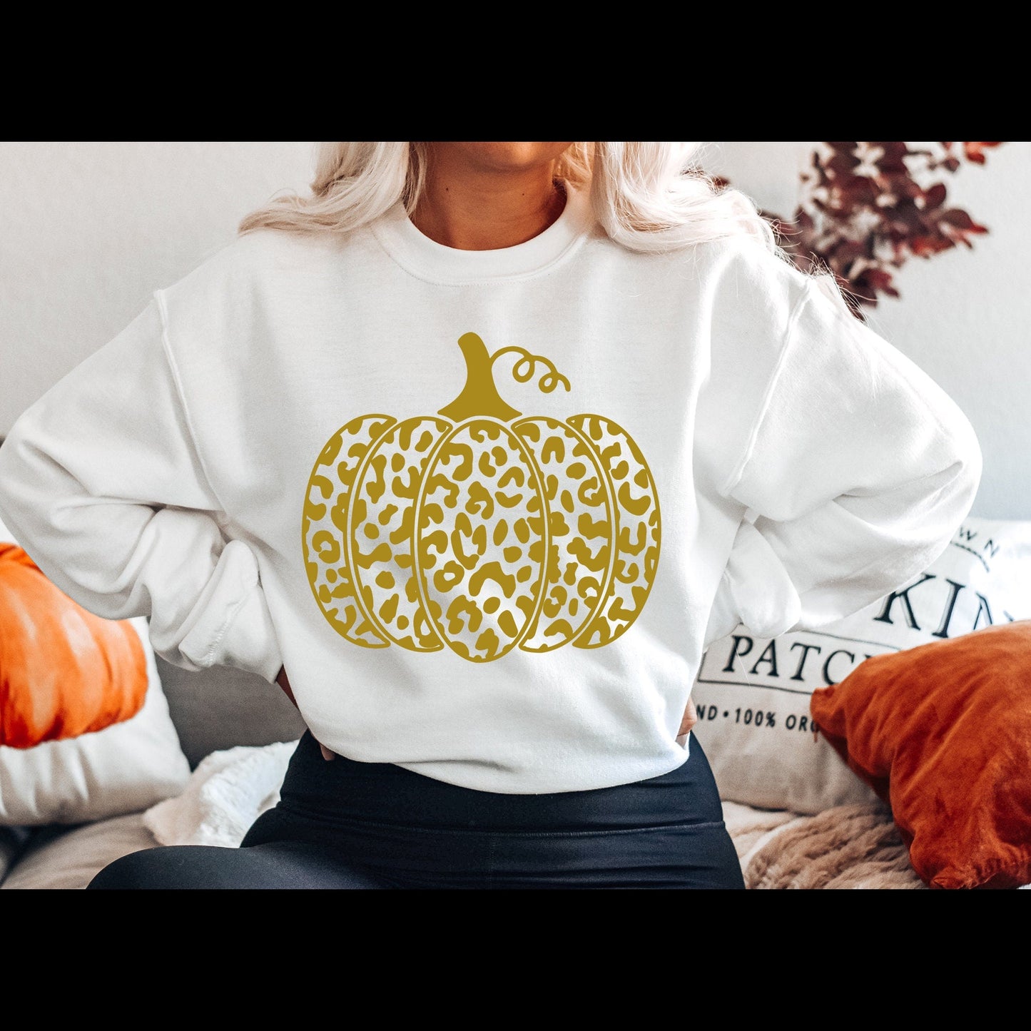 Metallic Gold Leopard Pumpkin Gildan Sofstyle Sweatshirt