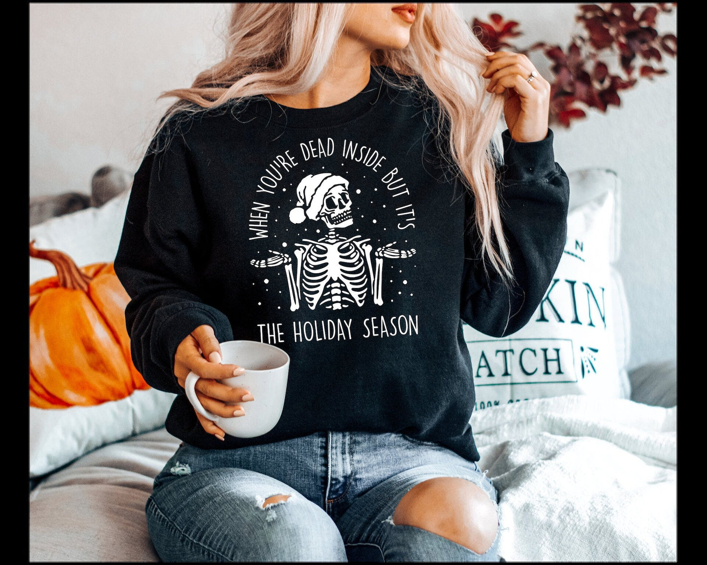 Dead inside but its the Holiday Season Christmas Skeleton Gildan Softstyle Sweatshirt